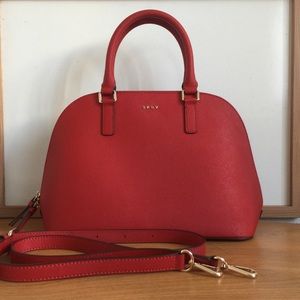 DKNY Red Saffiano Leather Large Satchel Bag Purse